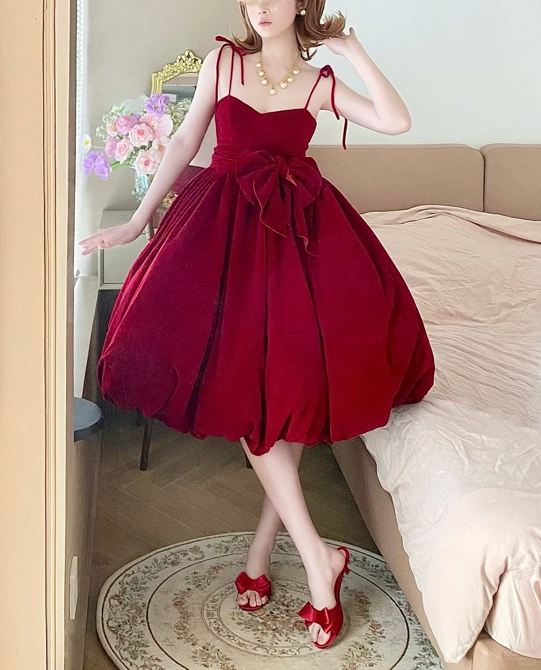 Robe de bal rouge courte en velours, robe de soirée, robe d'anniversaire, gh4520