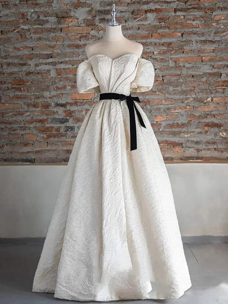 Robe de soirée élégante en satin texturé à manches courtes, longueur au sol, robe de bal, robe de princesse, robe de cérémonie pour adultes, gh3845