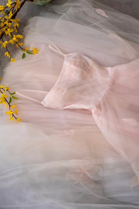 girlhomeshops - Robe de soirée longue style forêt en tulle rose vintage à fines bretelles et imprimé floral 3D gh6094