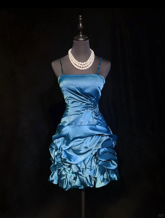 Blue Beaded Short satin Homecoming Dress Prom Dress Evening Dress gh4538