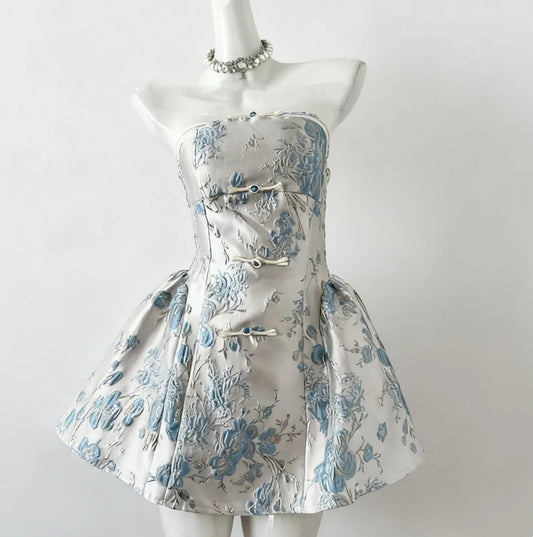 girlhomeshops--Light Blue White Unique Fashion Niche Short Satin Formal Homecoming Dress Birthday Party Dress Banquet Dress gh5689