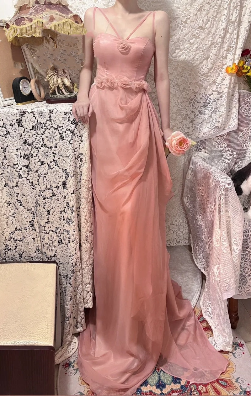 Robe de bal longue en mousseline de soie à fleurs roses, robe de soirée, robe de remise de diplôme, gh4505