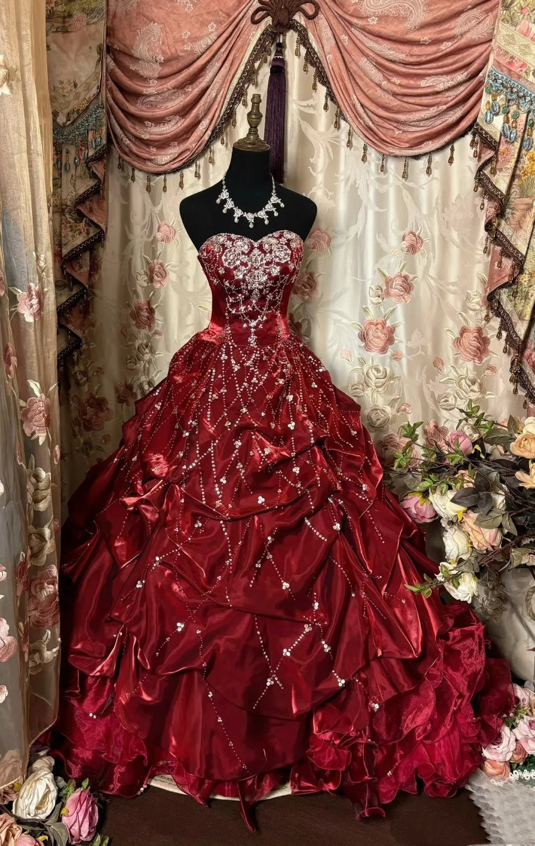 girlhomeshops-Burgundy Satin Beaded Strapless Sleeveless Floor-Length Train Ball Gown gh6315