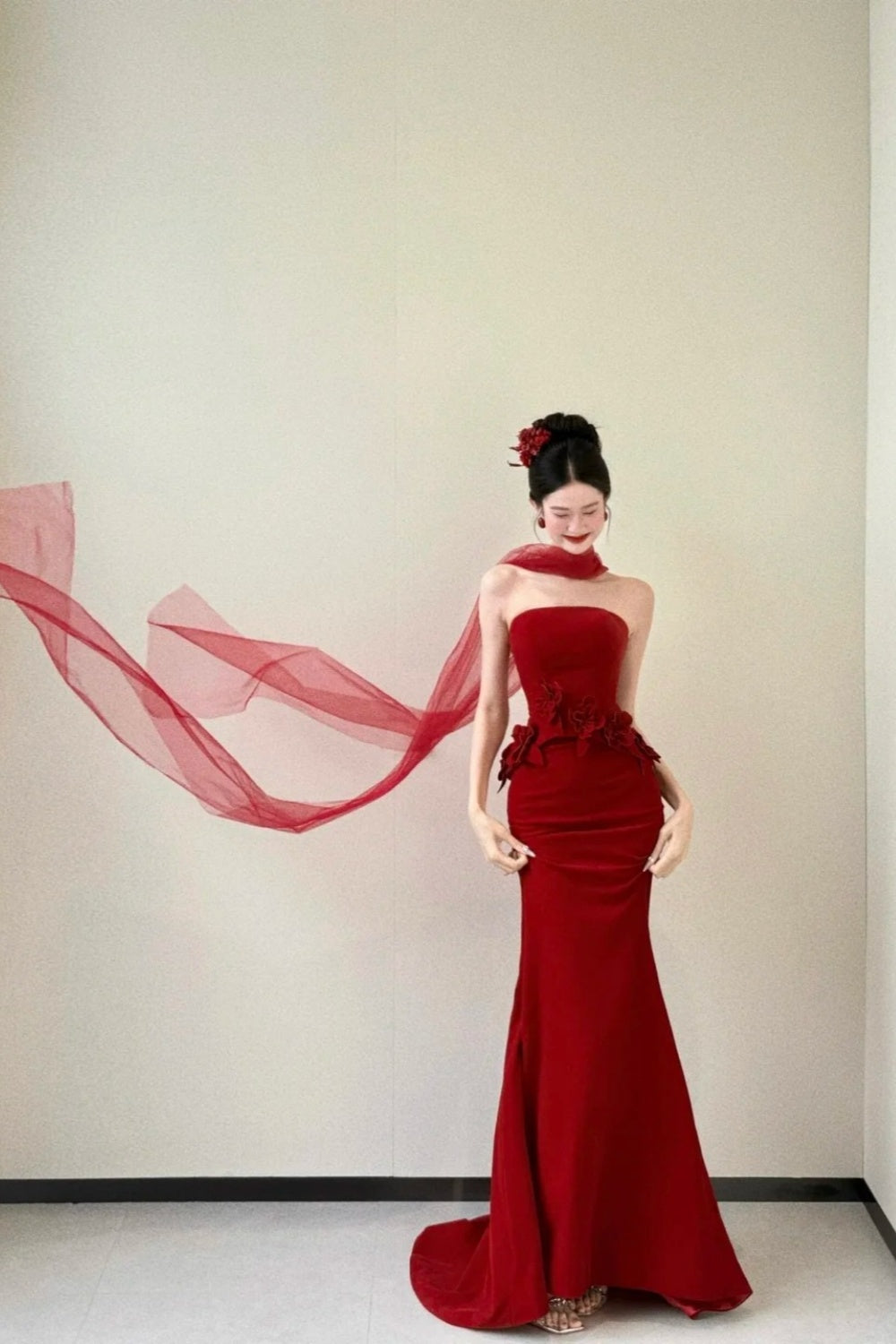 girlhomeshops - Robe de bal moulante en satin rouge à fleurs, longueur ras du sol, gh5960