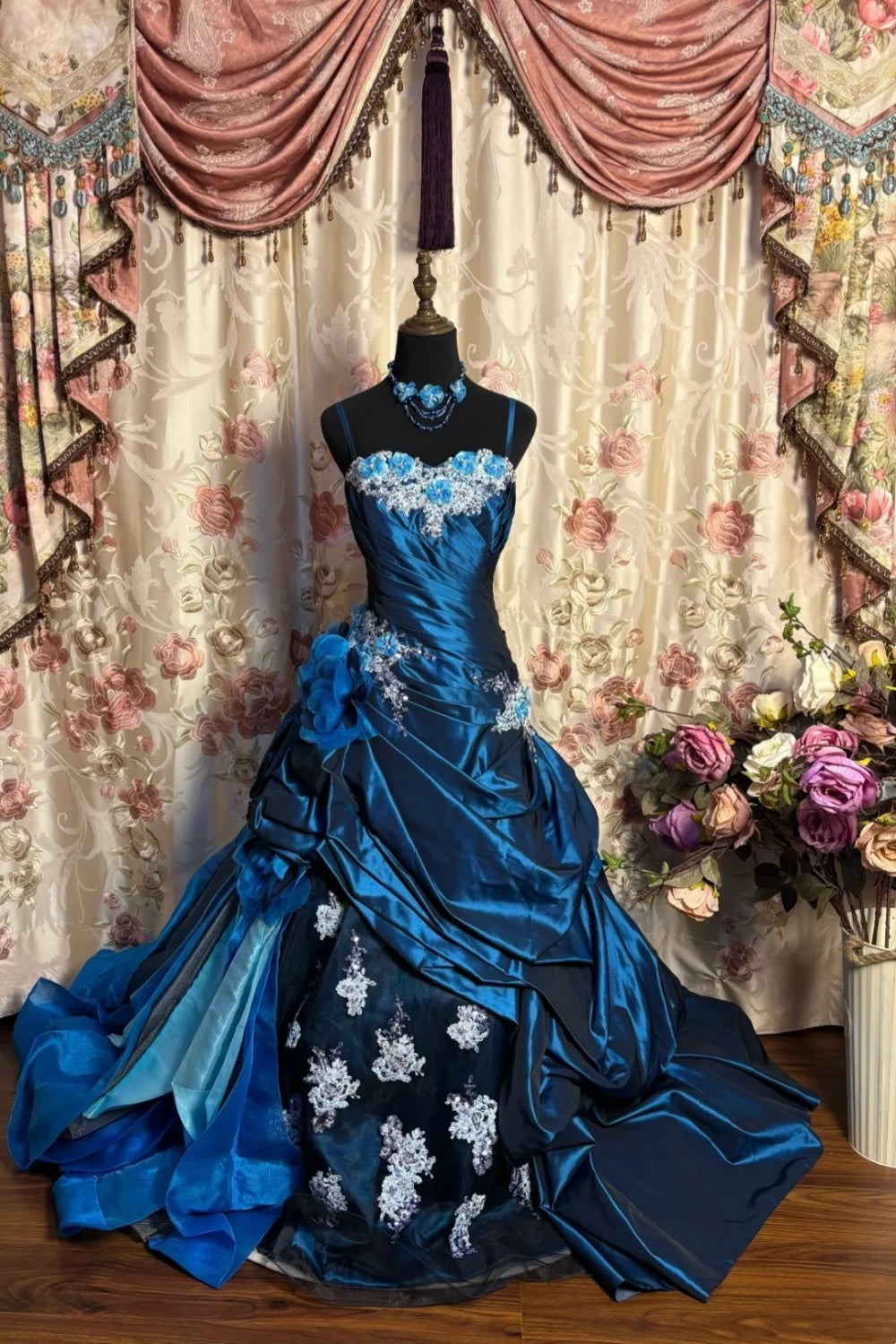 Luxury Court Style Deep Sea Blue Gradient Satin Embroidered Train Gown - Theme Ball & Dinner Dress gh6543