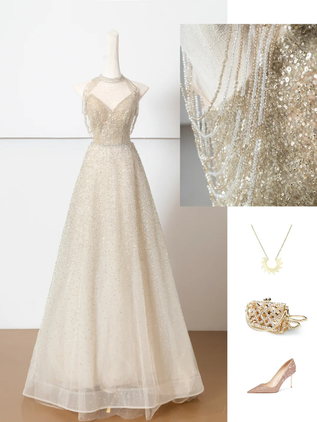 Champagne gold shining elegant tulle long prom dress evening dress party dress gh4870