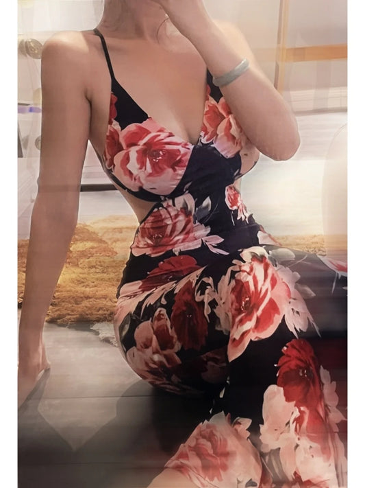 Sexy Retro Style  Ankle-Length Mermaid Deep V Cutout Red Rose Print Camisole Gown - Slim Dress for Dinner & Date Events gh6489