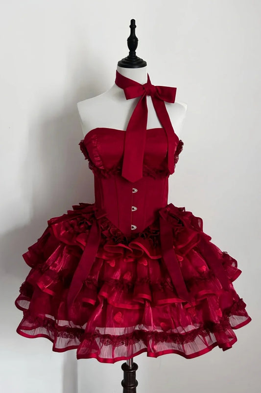 girlhomeshops-Long sleeve/sleeveless Vintage Wine Red Lolita Bow Lace Tiered Short Party Dress gh6031