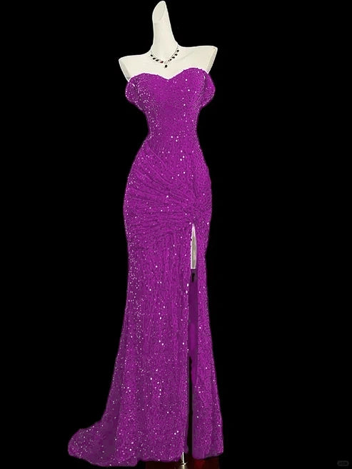 Burgundy shiny hip fishtail sequined ball gown evening dress prom dress gh4363