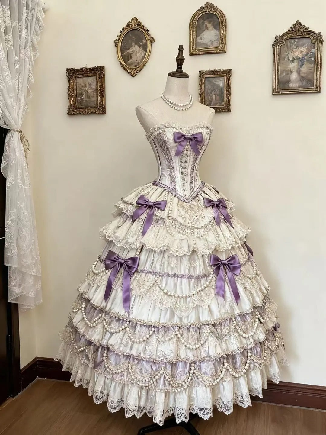girlhomeshops-Lolita Glam Style Quinceanera Highlight Style Purple - White Satin & Lace Pearl - Bow Floor - Length Quinceanera Dress gh5875