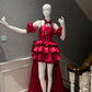 girlhomeshops-Burgundy Satin Spaghetti-Strap Puff-Sleeve Train Gown  gh6383