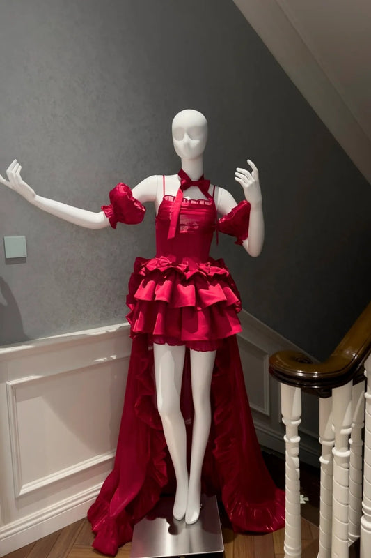 girlhomeshops-Burgundy Satin Spaghetti-Strap Puff-Sleeve Train Gown  gh6383