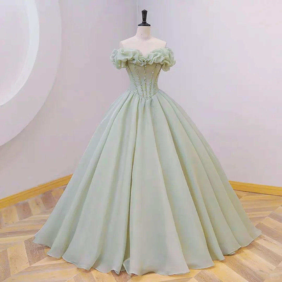 Robe de soirée longue en satin à perles et perles vertes, style féerique, gh4359