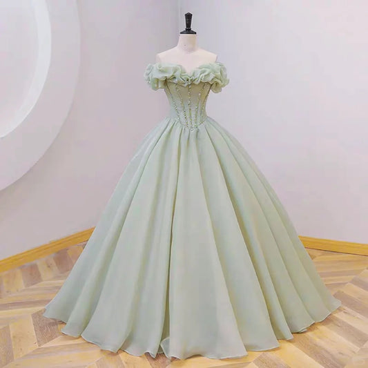 Robe de soirée longue en satin à perles et perles vertes, style féerique, gh4359