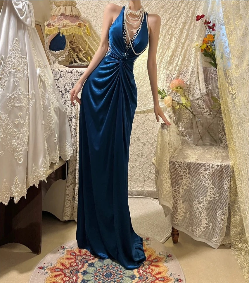 Robe de soirée longue en satin bleu à perles, élégante, gh4460