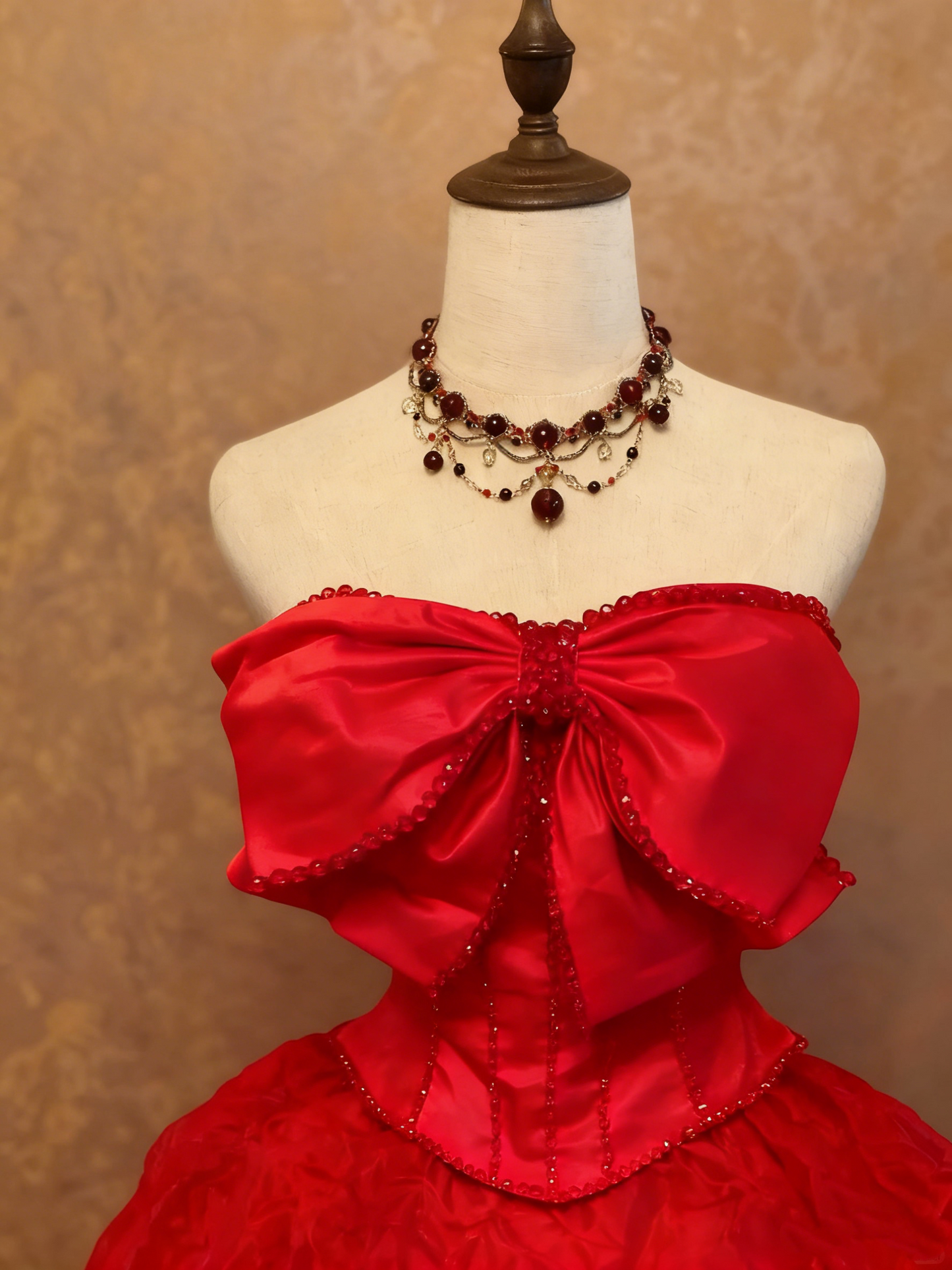 girlhomeshops-Crimson Satin Strapless Bow Rhinestone-Embellished Floor-Length Court-Style Gown gh6371