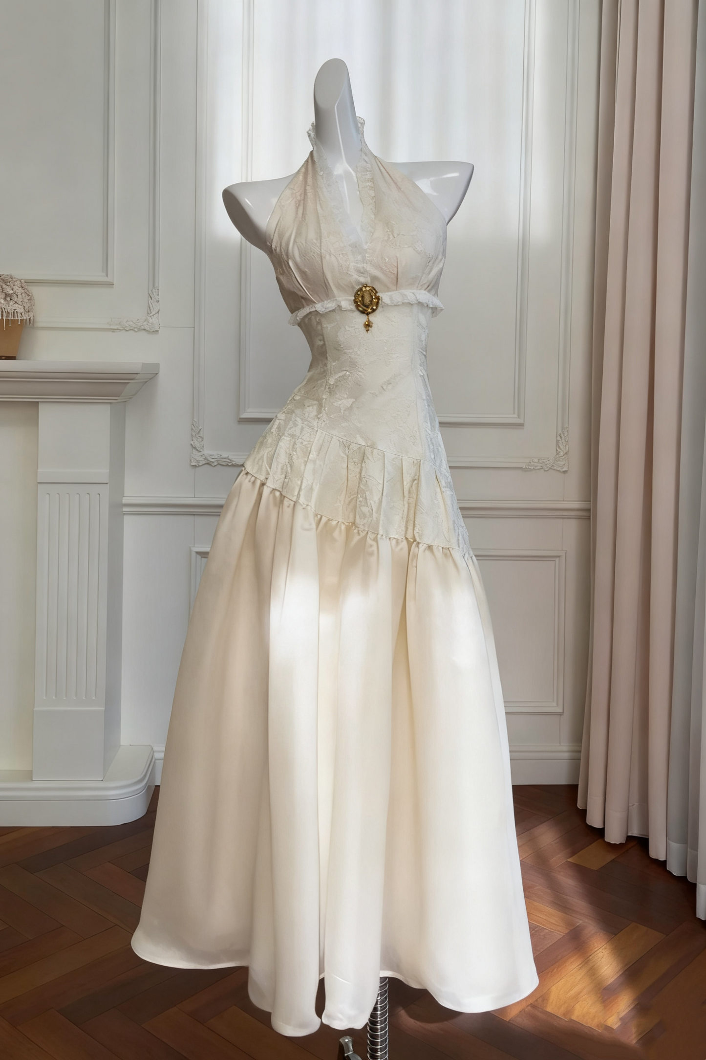 girlhomeshops-Vintage Lace Jacquard Halter Evening Dress, Long Sleeveless Elegant Party Gown gh5902