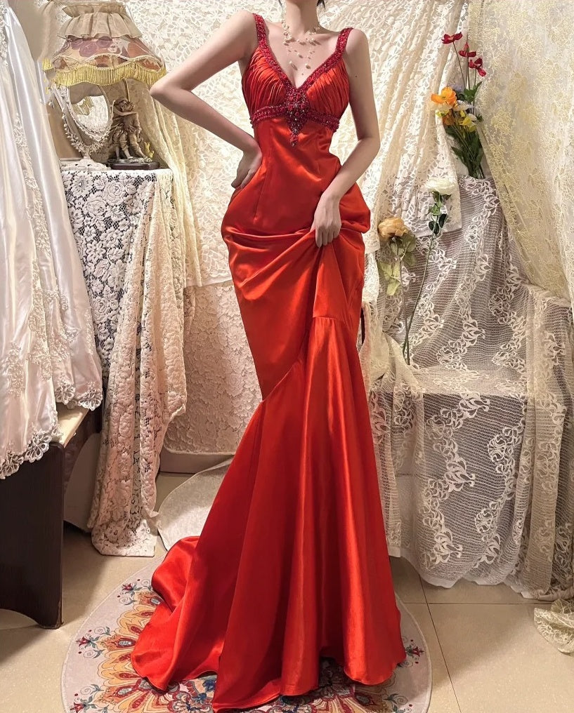 Red Vintage Floral Long Satin Prom Dress Birthday Party Dress Evening Dress gh4413