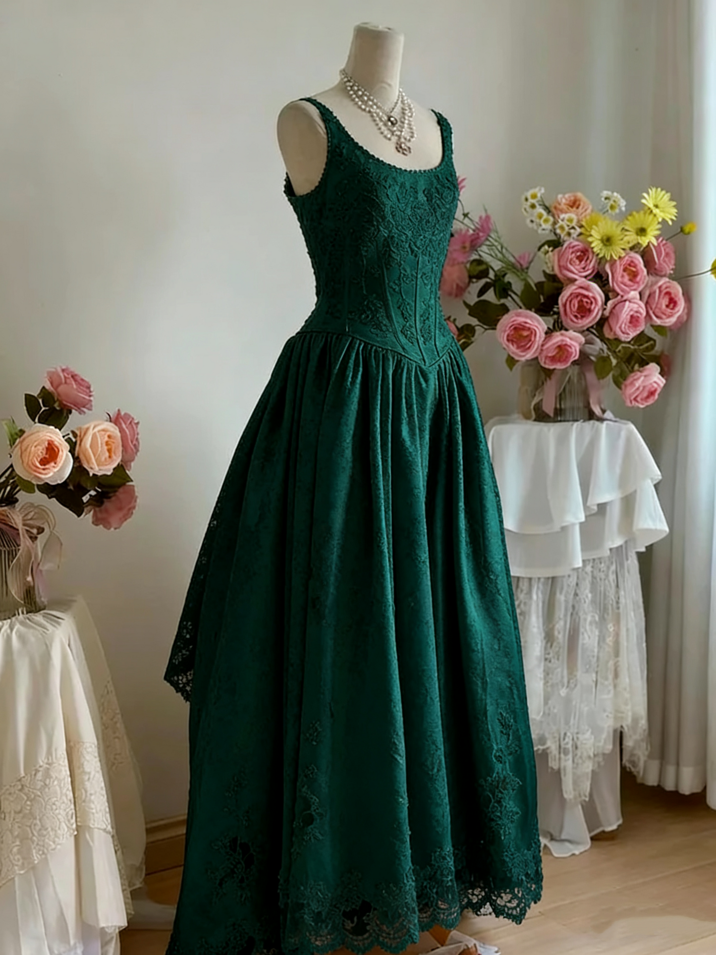 girlhomeshops - Robe longue en satin blanc, élégante et rétro, en dentelle, gh5704