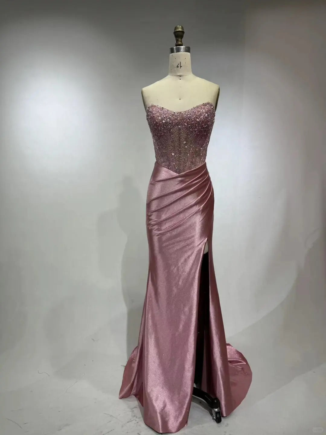 Robe de soirée longue en satin rose, élégante et exquise, avec perles et paillettes, fendue au sol, longueur au sol, gh4135
