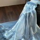 Dusty Blue Strapless Shimmering Organza Mermaid Gown with Ruched Bodice & Train gh7095
