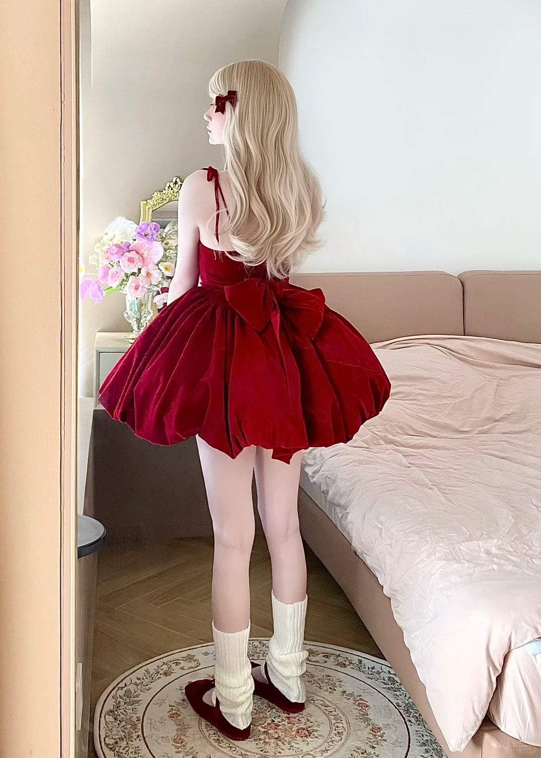 Robe de bal rouge courte en velours, robe de soirée, robe d'anniversaire, gh4520