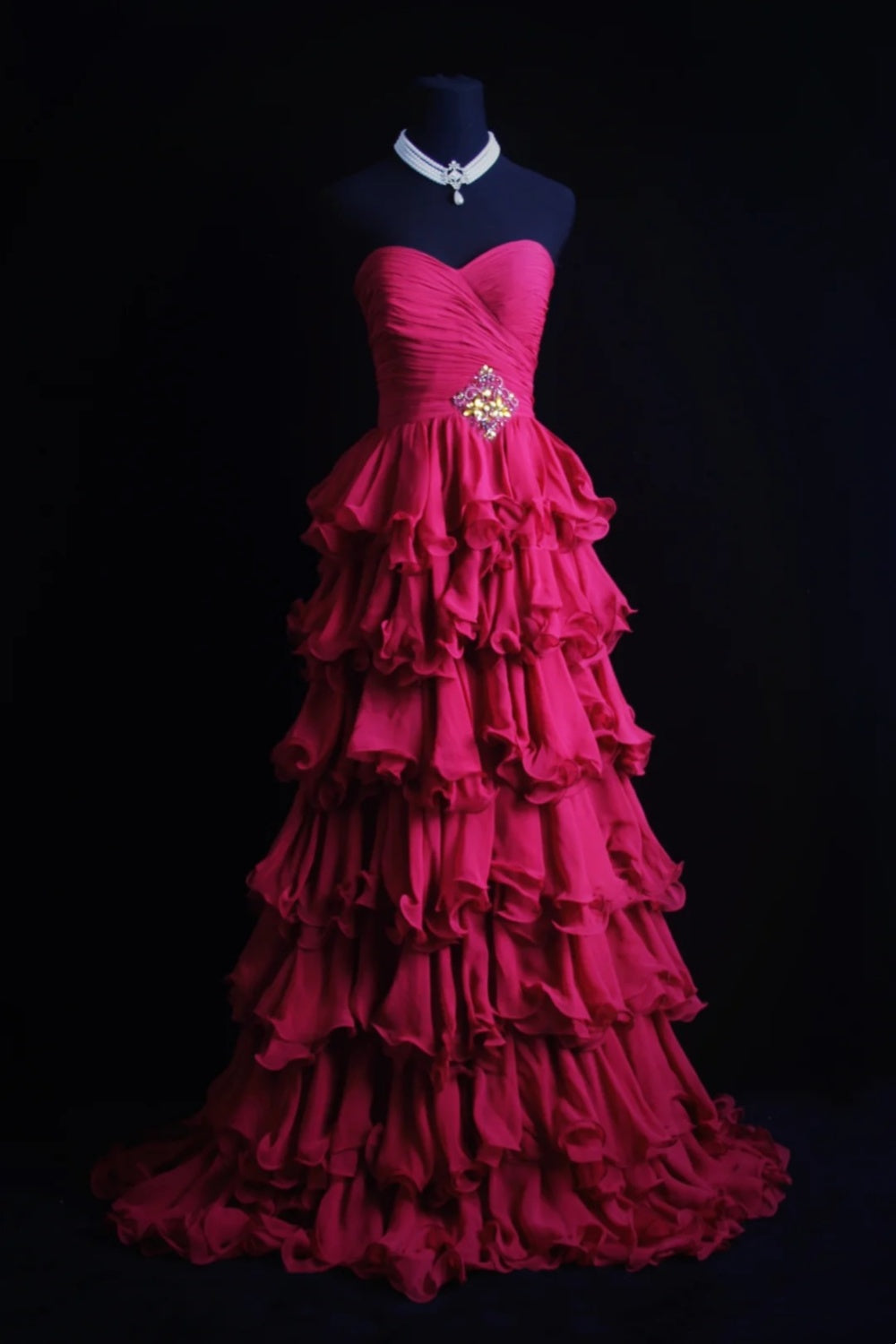 girlhomeshops-Fuchsia Chiffon Sleeveless Floor-Length Tiered Ruffled Evening Gown gh6304