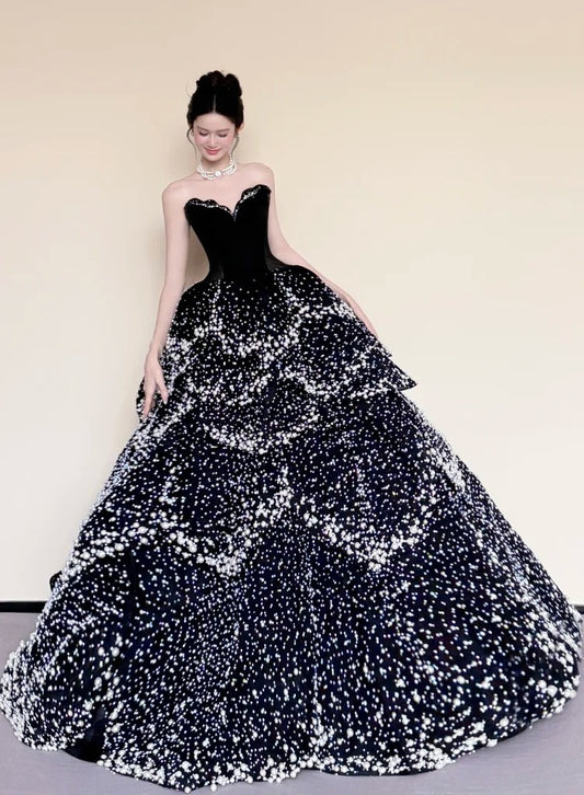 girlhomeshops-Black Luxurious Pearl Beaded Long Satin Floor-Length Ball Gown gh5979