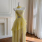 Robe de soirée longue fluide en mousseline de soie, style futuriste, jaune argenté, gh4404