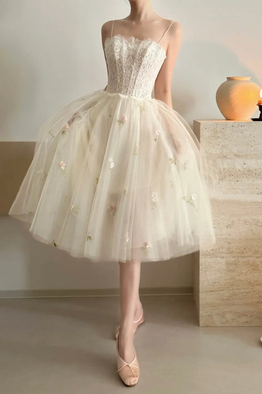 girlhomeshops- Vintage Beige Lace Floral Tulle Spaghetti Strap Short Princess-Style Evening Gown gh6090