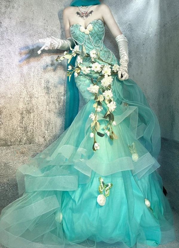 Robe de soirée longue en satin bleu, magnifique et exquise, avec perles, gh4502