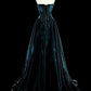 girlhomeshops-Teal Velvet Beaded Strapless Sleeveless Floor-Length Gothic Gown gh6318