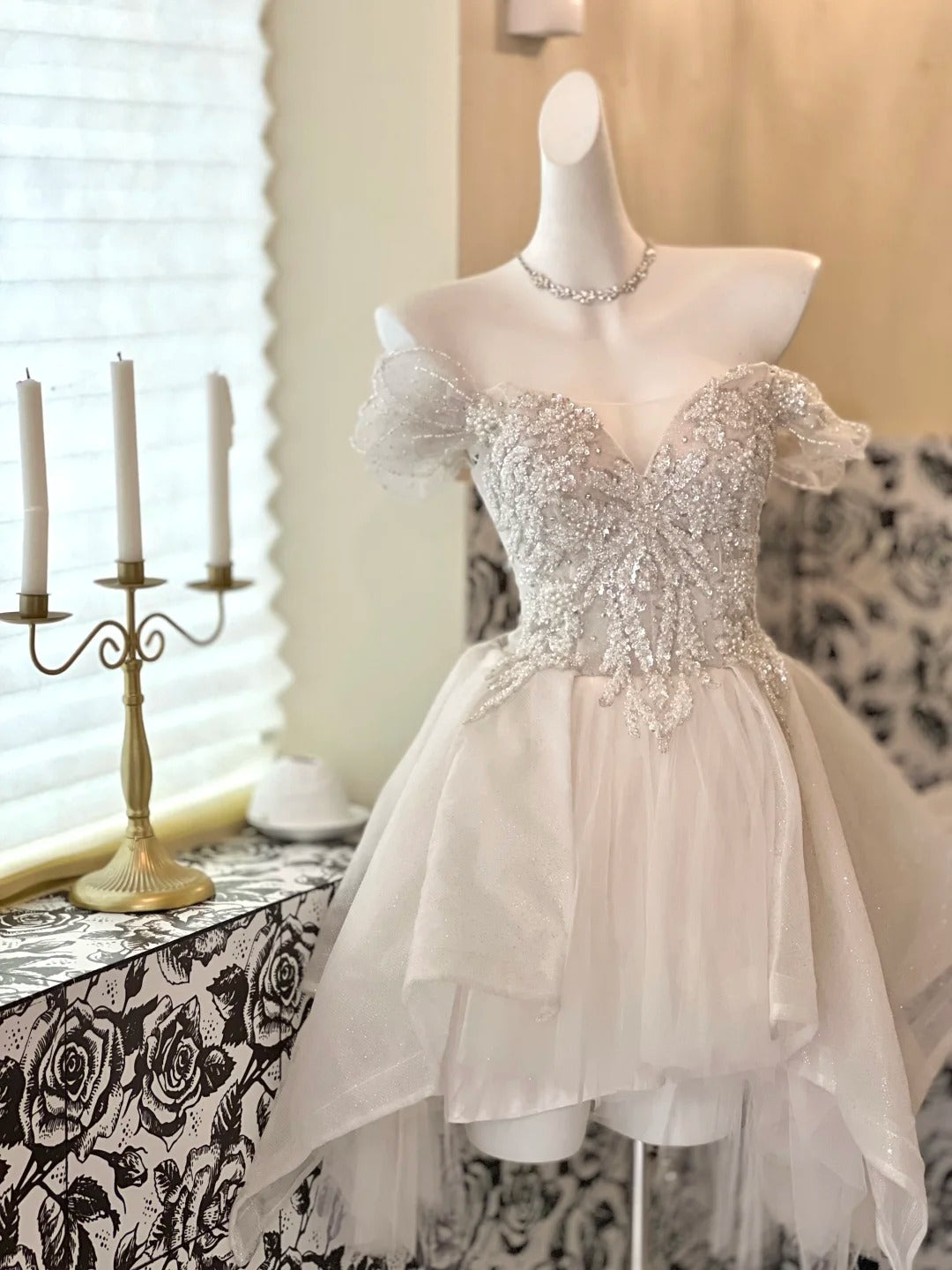 White Sparkly Beaded Short Tulle Cute Sweet Homecoming Dress Birthday Party Dress Wedding Dress gh4263