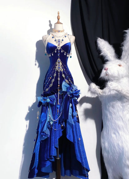 Blue/Burgundy Gorgeous Elegant Delicate Beaded Spaghetti Strap Long Ruffled Velvet Ball Gown Evening Gown Party Dress gh4169