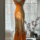 Orange Delicate Floral Spaghetti Strap Long Satin Chiffon Ball Gown Evening Dress Party Dress gh4093
