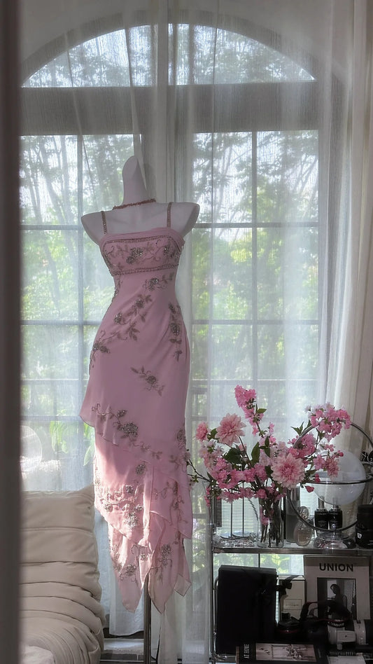 Pink Floral Beading Elegant Long Chiffon Ball Gown Evening Dress Party Dress gh4750