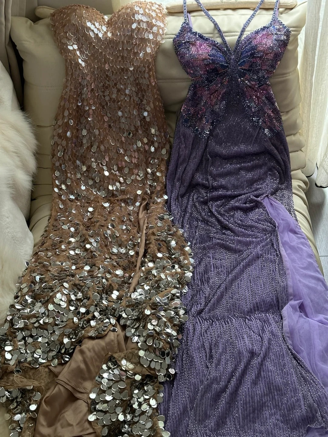 （Out of stock）Purple Shiny Gorgeous Luxury Sequin Heavy Spaghetti Strap Long Butterfly Decoration Sequin Chiffon Ball Gown Evening Gown Party Dress gh4175