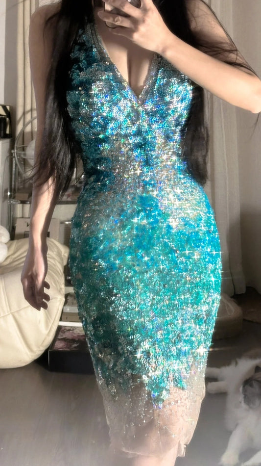 girlhomeshops-Teal-Green Gradient Sequin Halter-Neck Deep V Short Fashion Party Gown gh6380