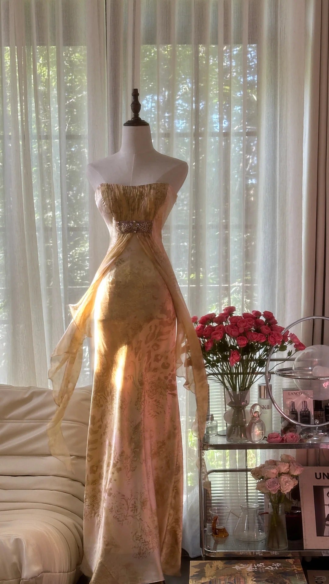 Robe de soirée longue en mousseline de soie, élégante et de couleur claire, idéale pour un anniversaire ou des fêtes (gh4065)