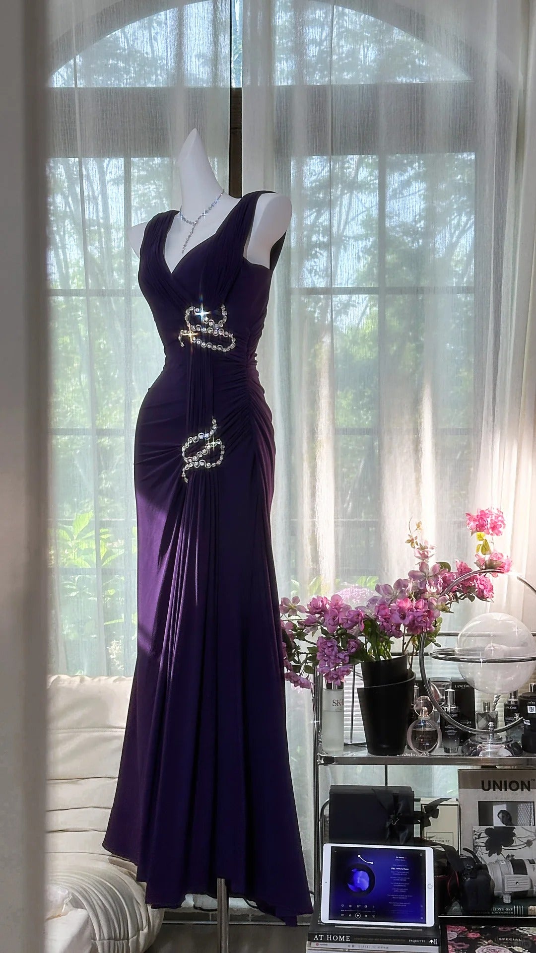 Purple Rhinestone Long Chiffon Ball Gown Evening Dress Party Dress Date Dress Prom Dress gh4677