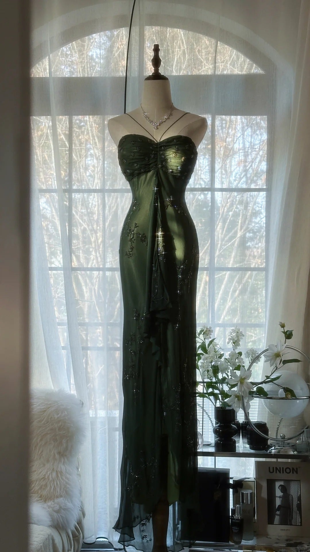 Robe de soirée longue en mousseline de soie, élégante et verte, avec perles, sans bretelles, pour anniversaire ou fête, gh4066