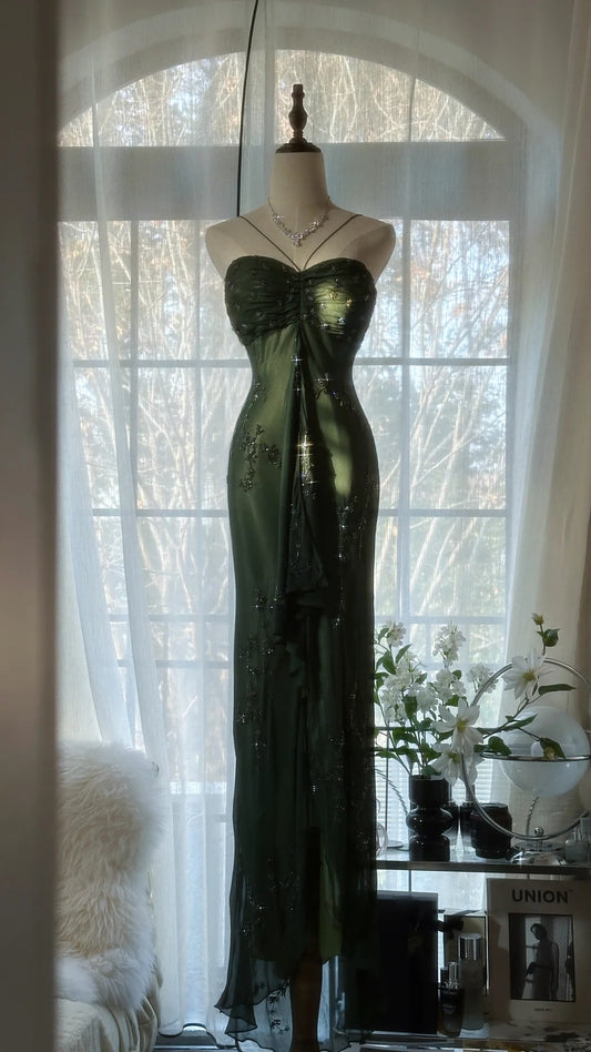 Robe de soirée longue en mousseline de soie, élégante et verte, avec perles, sans bretelles, pour anniversaire ou fête, gh4066