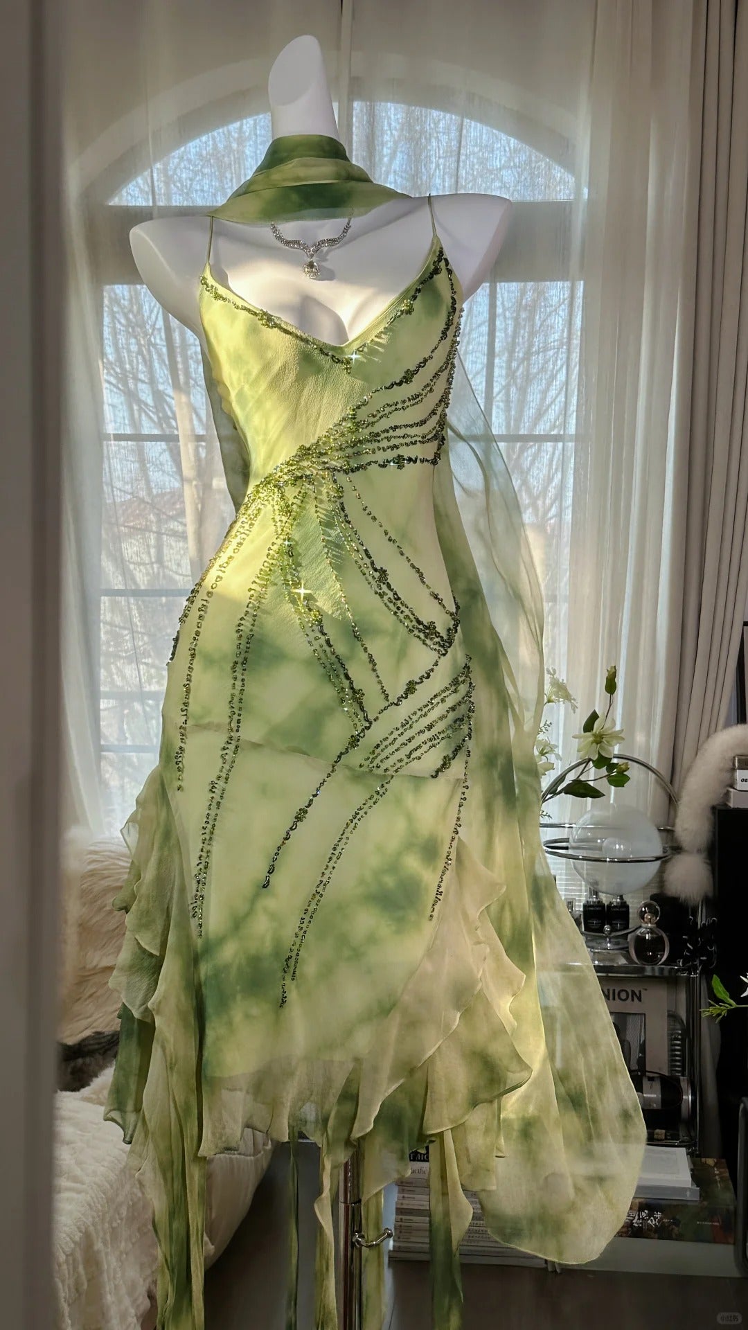 Green Romantic Elegant Exquisite Beaded Backless Long Chiffon Ruffle Homecoming Dress Prom Dress Evening Dress Birthday Vacation Party Dress gh4008