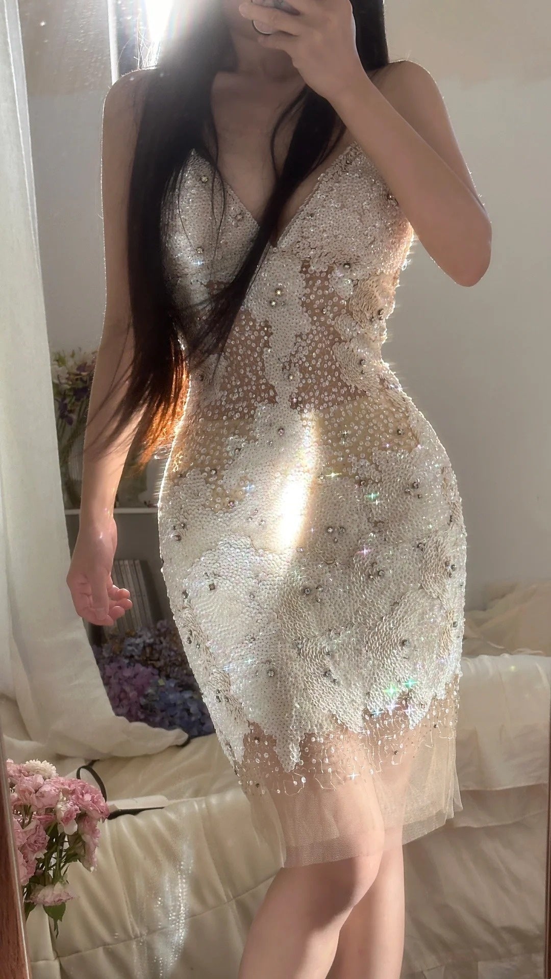 girlhomeshops-Champagne Gold Beaded Sheer Spaghetti-Strap Short Luxury Party Gown gh6381