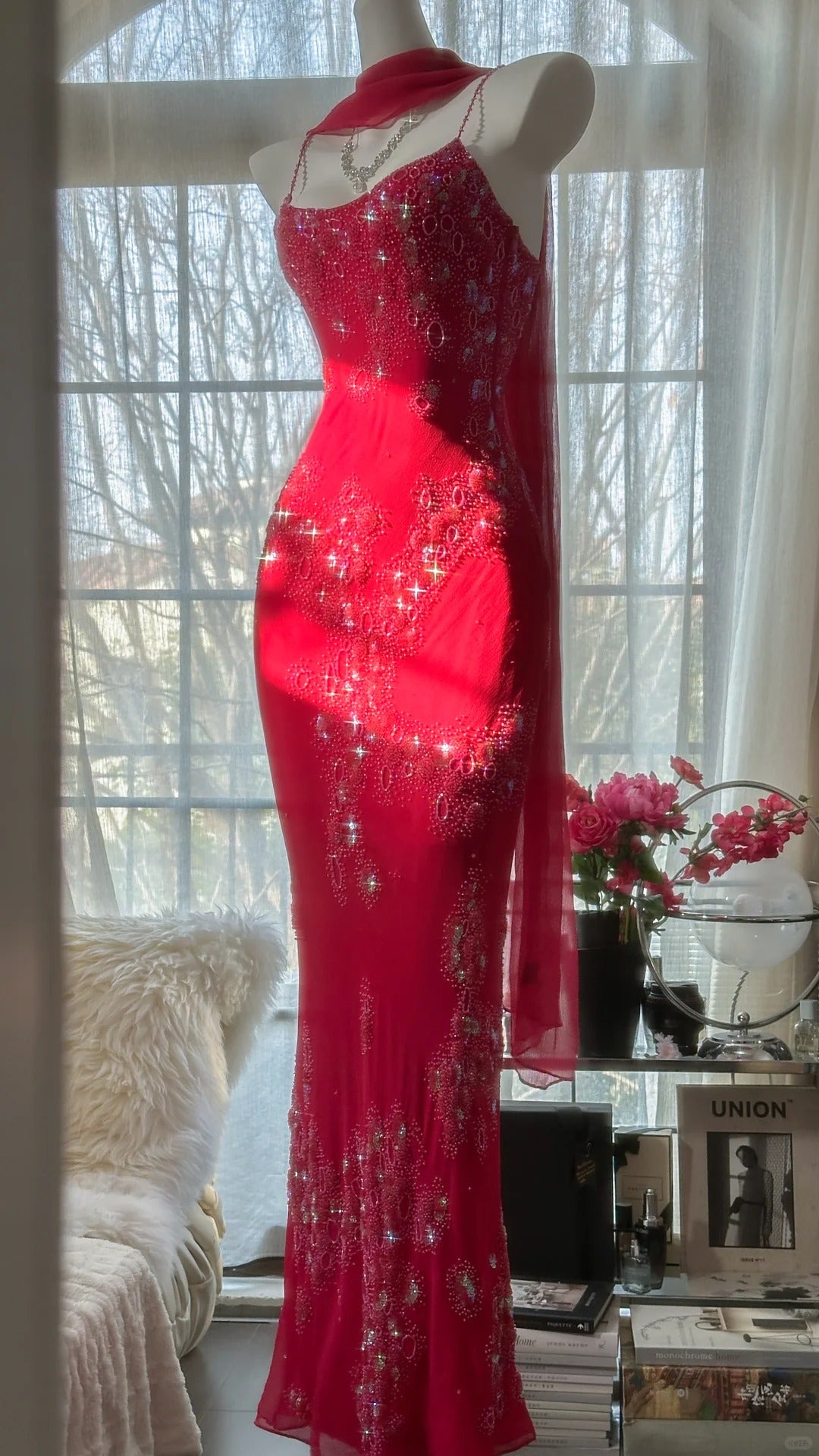 Red Romantic Gorgeous Fashion Elegant Exquisite Beaded Long Chiffon Ball Gown Evening Dress Birthday/Wedding Guest/Vacation Party Dress Prom Dress Valentine's Day Date Dress gh4027