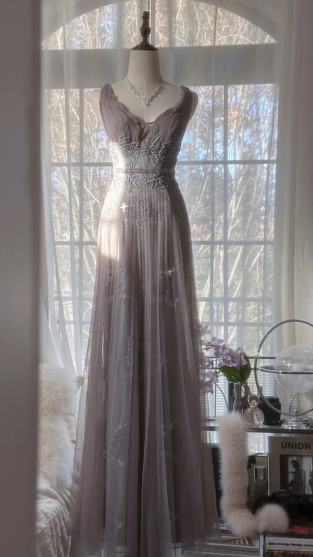 Gray Purple Romantic Fashion Elegant Exquisite Lace Floral Applique Long Tulle Fairy Ball Gown Evening Dress Birthday/Wedding Guest/Holiday Party Dress Prom Dress Valentine's Day Date Dress Bridesmaid Dress gh4031