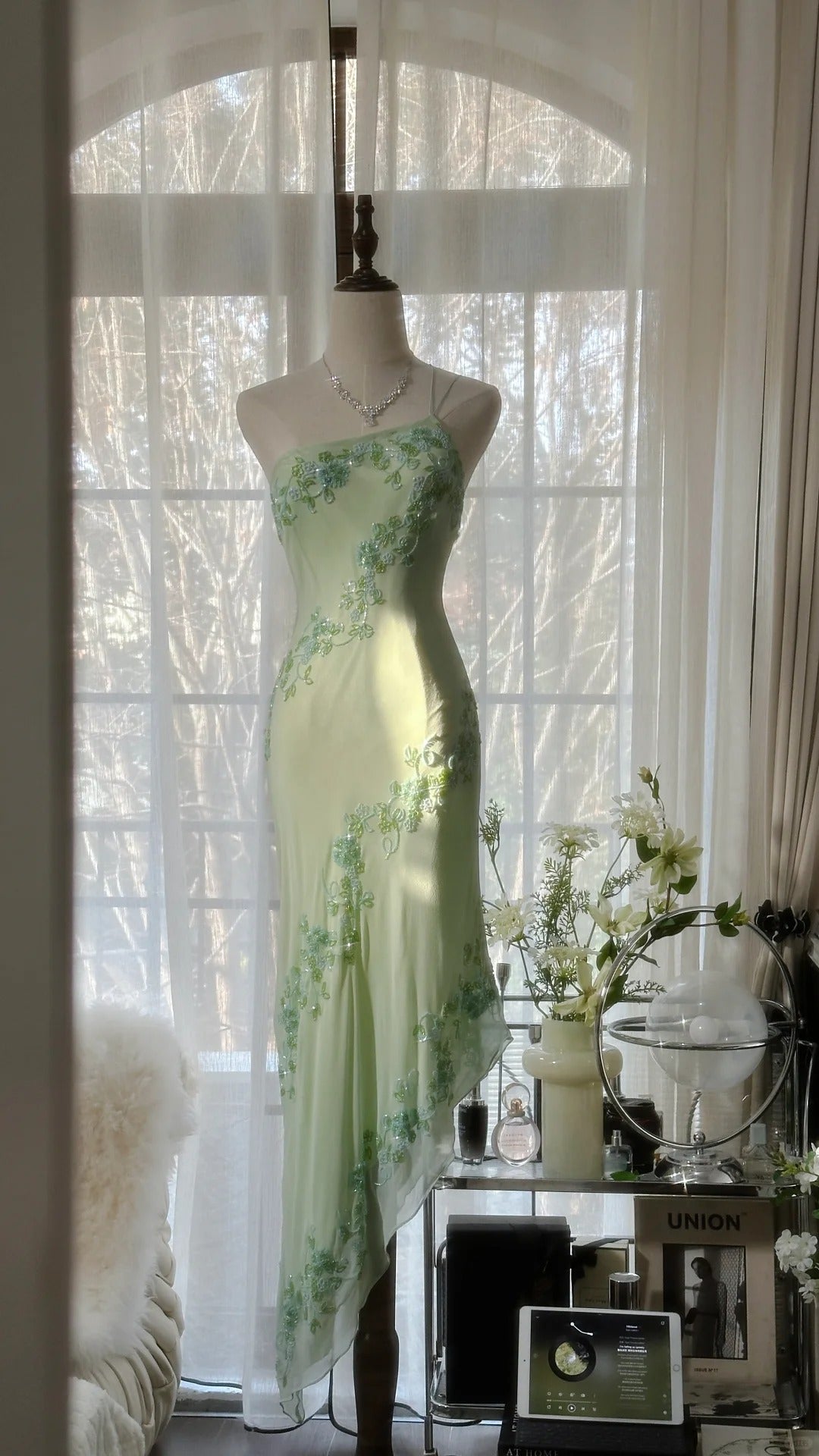 Robe de soirée longue en mousseline de soie, élégante et romantique, à une épaule, avec perles, robe de bal, robe de soirée, d'anniversaire, de vacances, verte, gh4047