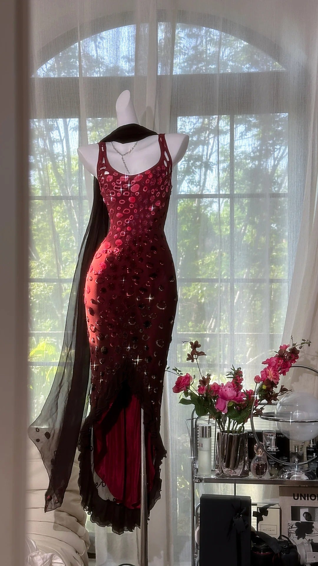 Girlhomeshops-Burgundy beaded elegant long chiffon Prom dress evening dress party dress gh5165