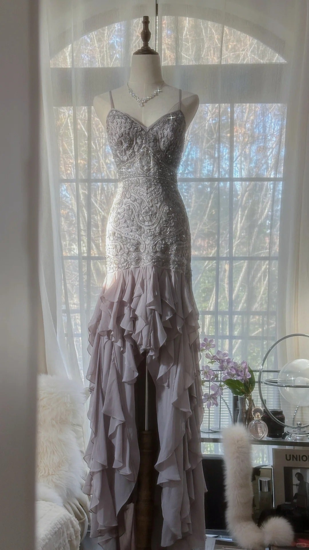 Robe de soirée longue en mousseline de soie, magnifique, élégante et romantique, en dentelle perlée, robe de bal, robe de fête d'anniversaire, gh4046