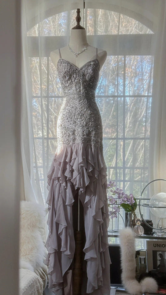 Robe de soirée longue en mousseline de soie, magnifique, élégante et romantique, en dentelle perlée, robe de bal, robe de fête d'anniversaire, gh4046